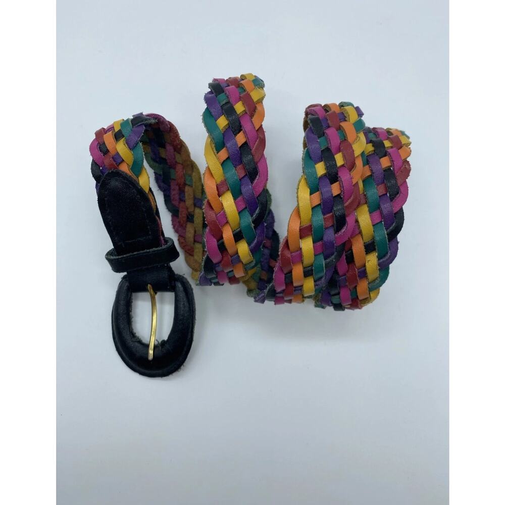 Chic Vintage Braided Leather Multicolor Rainbow Belt Women's Size small 34”